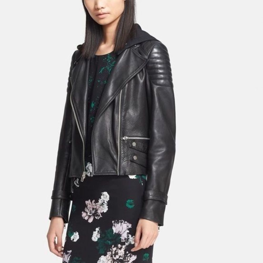 A.L.C. Hooded Black Leather Biker Jacket with removable hood. 12 NWT Pristine
